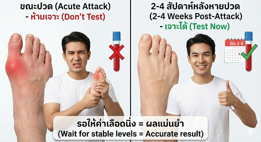 เจาะเลือดตอนปวดแล้ว "ยูริกปกติ" ต้องรออีกกี่วันถึงจะไปเจาะซ้ำให้ได้ค่าที่แท้จริง?