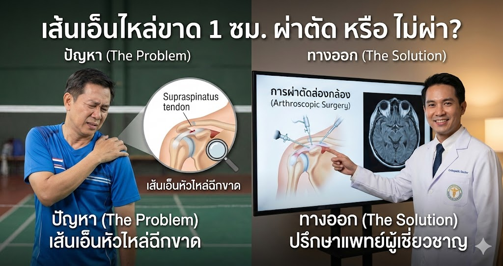 🏸 ตีแบดแล้วเจ็บไหล่! เส้นเอ็นขาด 1 ซม. ต้องผ่าตัดไหม? หรือรักษาหายเองได้?