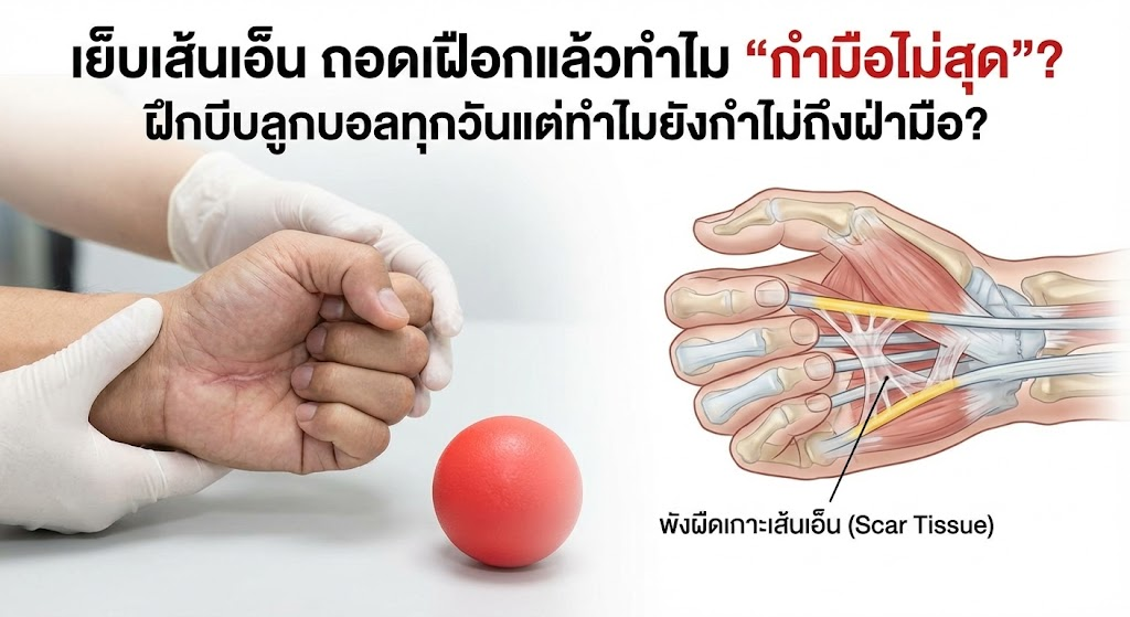 เย็บเส้นเอ็น ถอดเฝือกแล้วทำไม “กำมือไม่สุด”? ฝึกบีบลูกบอลทุกวันแต่ทำไมยังกำไม่ถึงฝ่ามือ?