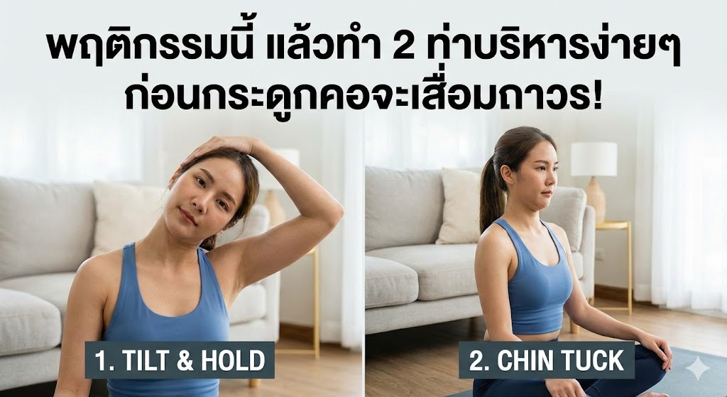 ปวดคอเรื้อรัง... แค่ "หยุด" 5 พฤติกรรมนี้ แล้วทำ 2 ท่าบริหารง่ายๆ ก่อนกระดูกคอจะเสื่อมถาวร!