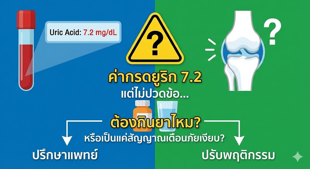 ค่ากรดยูริก 7.2 แต่ไม่ปวดข้อ... ต้องกินยาไหม? หรือเป็นแค่สัญญาณเตือนภัยเงียบ?