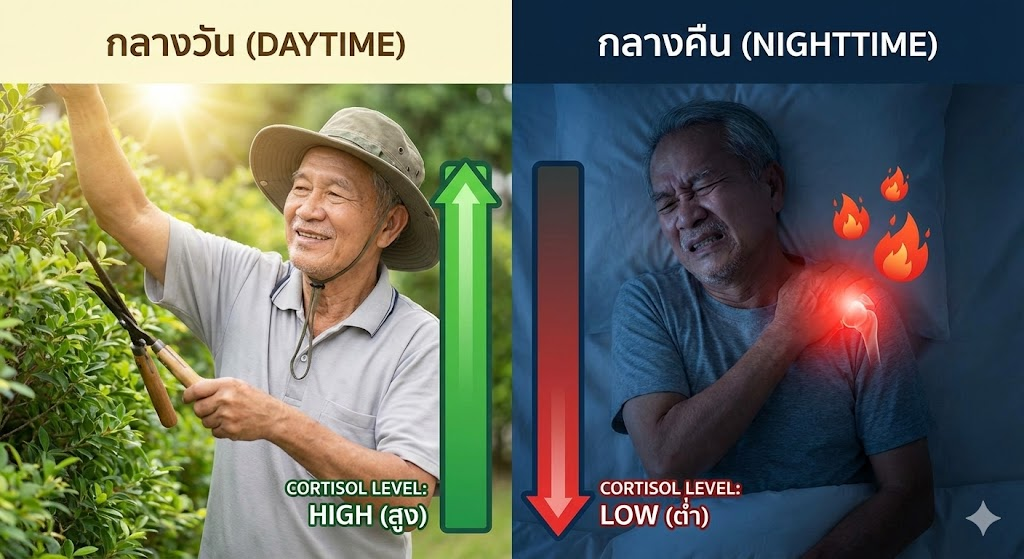 กลางวันเดินปร๋อ ตกกลางคืนปวดจนตื่น! ไขปริศนาทำไม "อาการปวดข้อ-ปวดไหล่" ชอบกำเริบตอนเข้านอน?