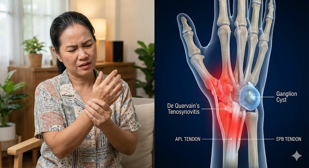 ปวดโคนนิ้วโป้ง (De Quervain's) อาการต่างจากก้อนถุงน้ำที่ข้อมืออย่างไร?